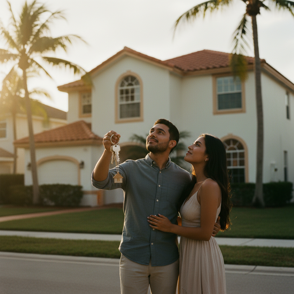 Pareja latina joven con las llaves frente a su casa al atardecer