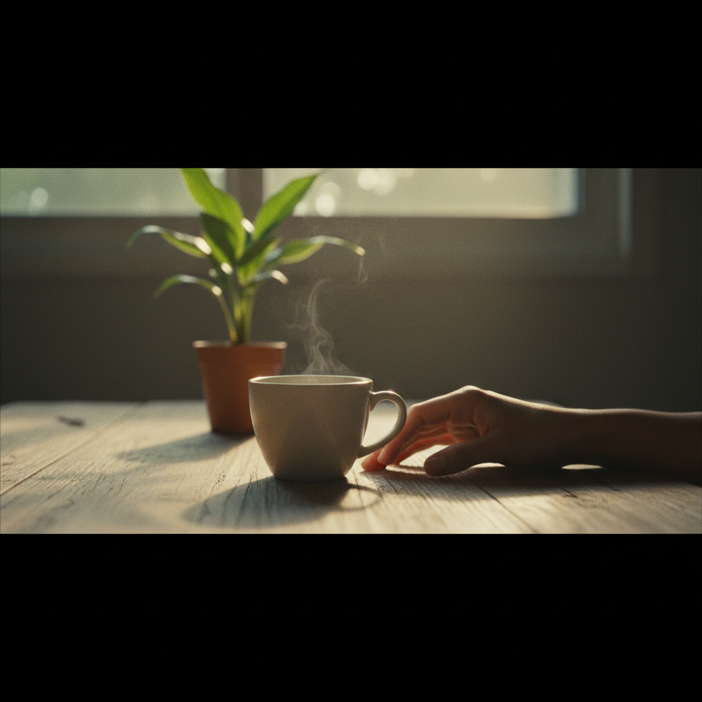 Taza de café en la mesa a la luz de la mañana, lo cotidiano que crece
