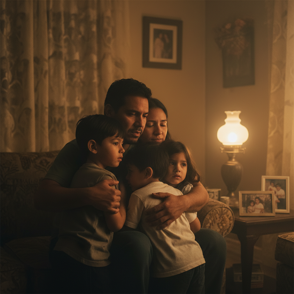 Familia latina abrazada y protegida en casa